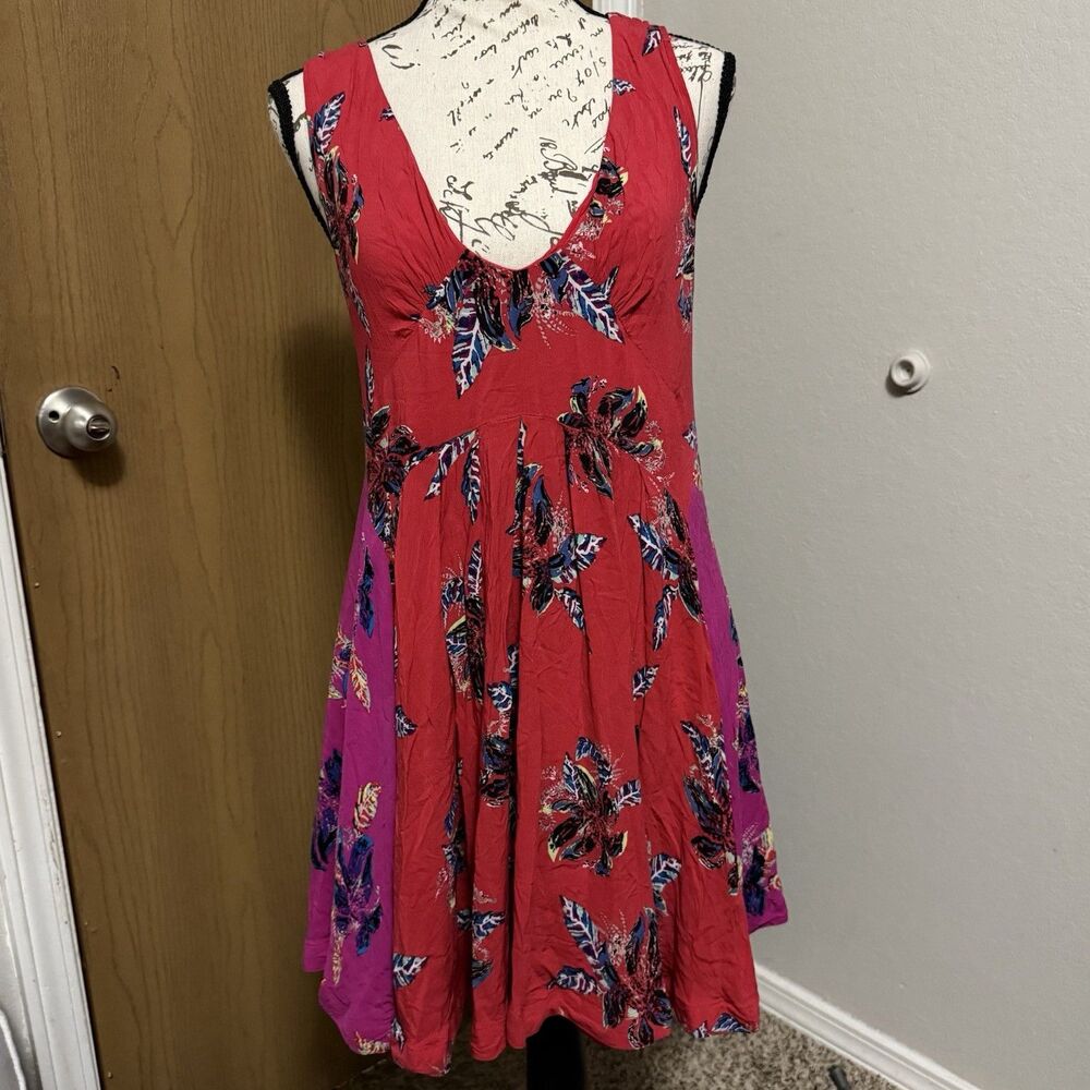 Free People Red Purple Bright Floral Open Back Crochet A-Line Scoop Dress Size S